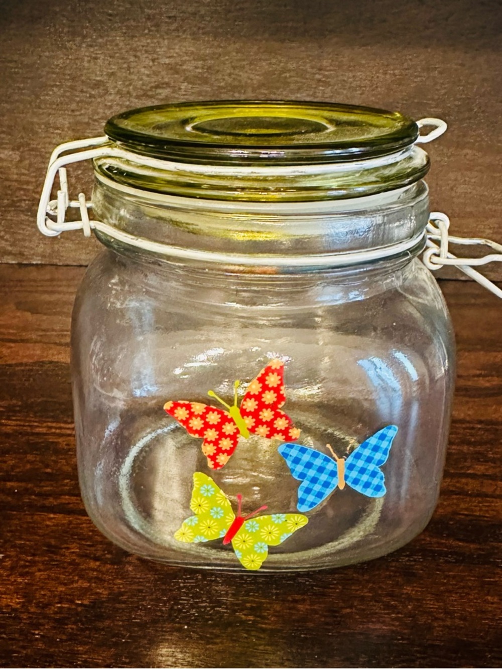 Glass Storage Jar with Green Lid and Butterfly Accents